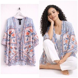 Vince Camuto Floral Lightweight Boho Open Front Kimono OSFA Blue & White